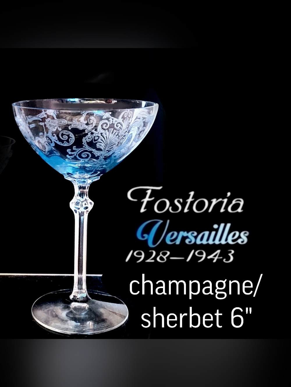 Vintage Fostoria Versailles Azul Blue Etched Champagne Sherbet 6" Coupe